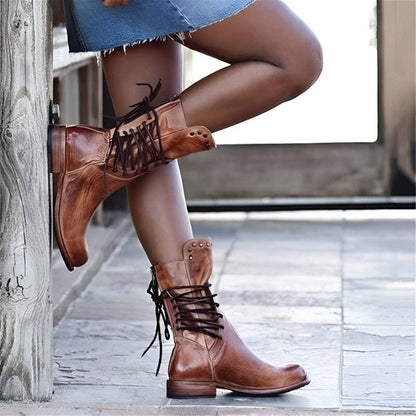 Brown Lace-Up Ankle Boots | Studded Block Heel Boots - OutfitLondon