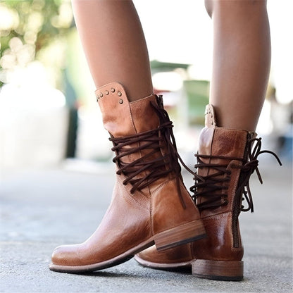 Brown Lace-Up Ankle Boots | Studded Block Heel Boots