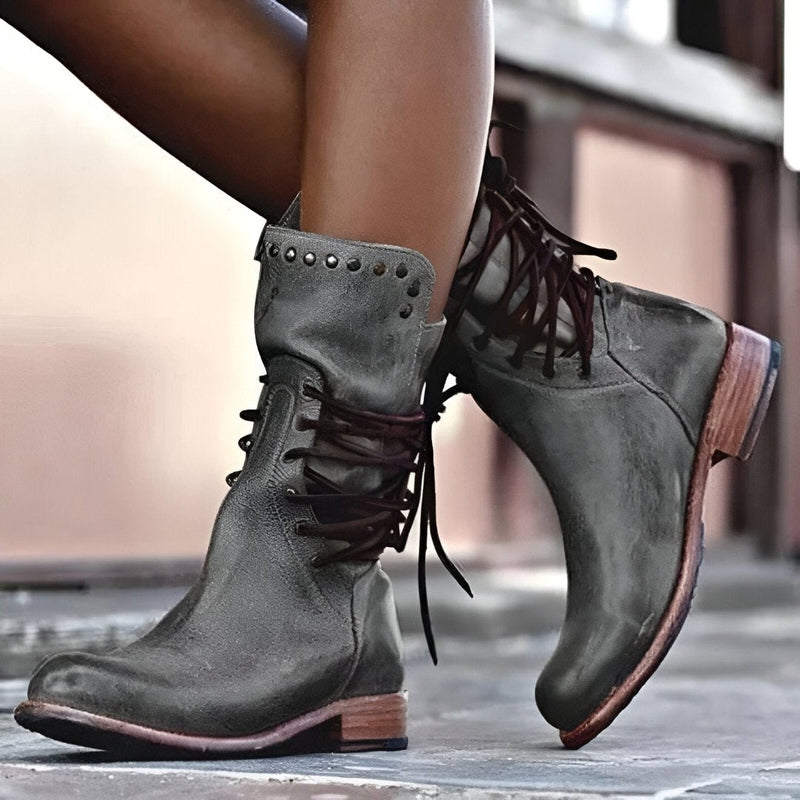 Brown Lace-Up Ankle Boots | Studded Block Heel Boots