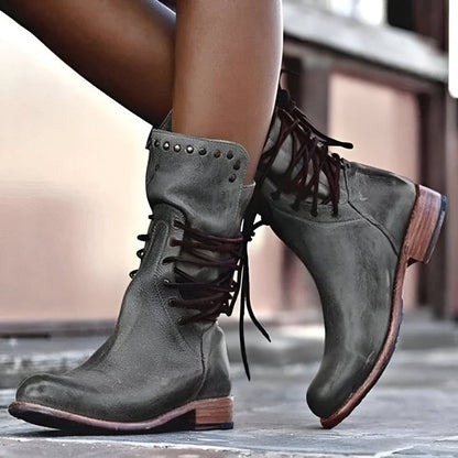 Brown Lace-Up Ankle Boots | Studded Block Heel Boots