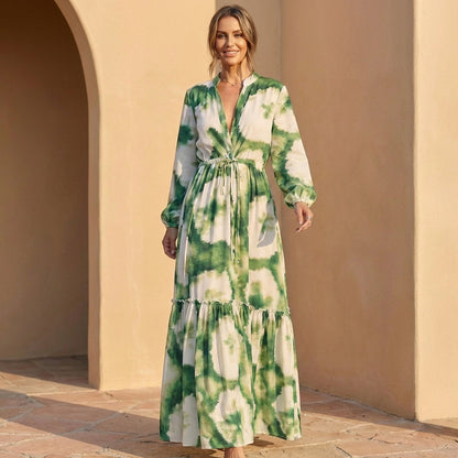 Elegant V Neck Maxi Dress with Drawstring Waist