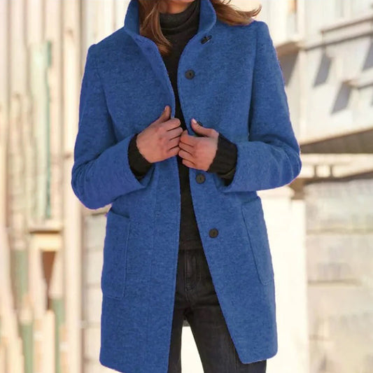 Classic Women's Long Office Coat with Smart Collar - OutfitLondon