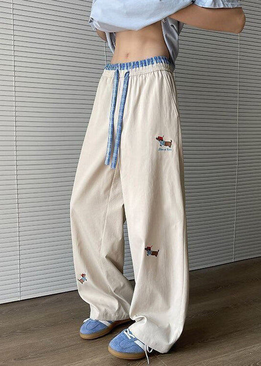 Mens Cotton Pants Loose Fit Embroidered Apricot - OutfitLondon