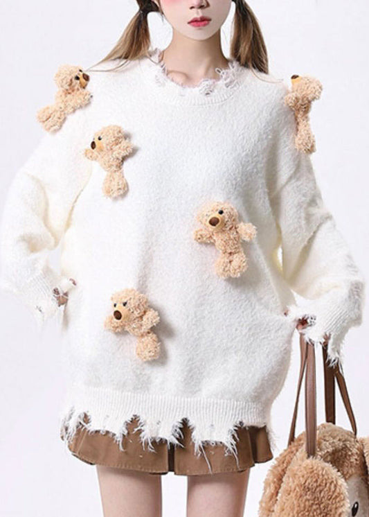 Women's Oversized Knit Sweater Ripped Apricot Cartoon Motif - OutfitLondon