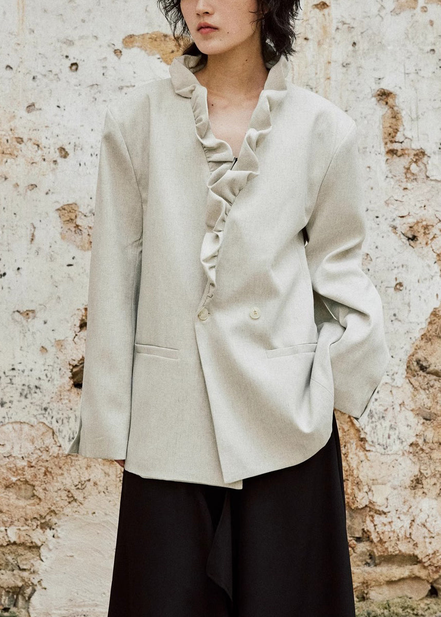 Women's Cotton Coat Ruffle Trim Beige - OutfitLondon