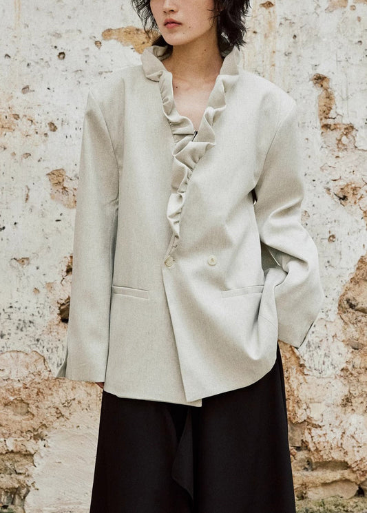 Women's Cotton Coat Ruffle Trim Beige - OutfitLondon