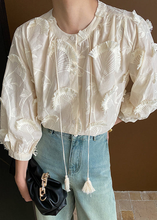 Women's Cotton Embroidered Blouse Beige - OutfitLondon