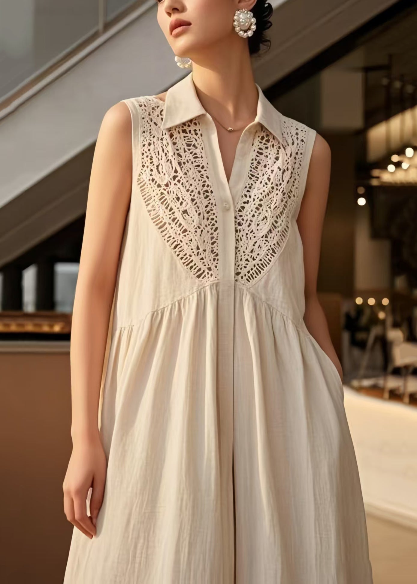 Women's Cotton Sleeveless Patchwork Dress Beige - OutfitLondon