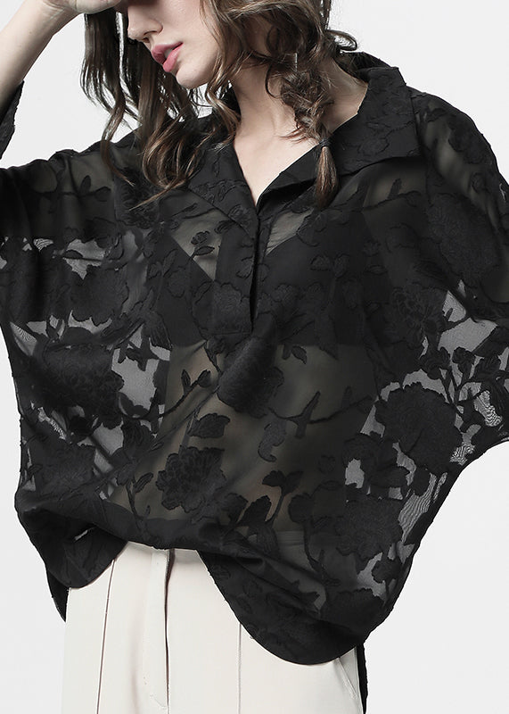Women's Silk Blouse Black Lace Batwing Sleeves - OutfitLondon
