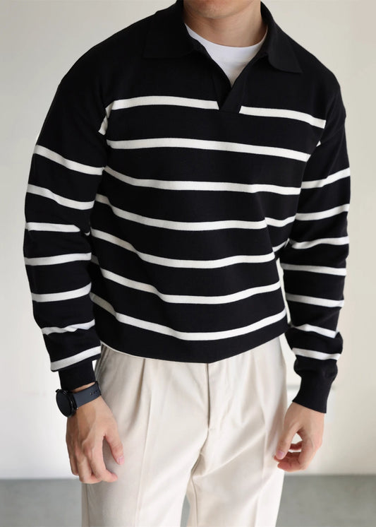 Mens Black Striped Knit Sweater Oversized Fit - OutfitLondon