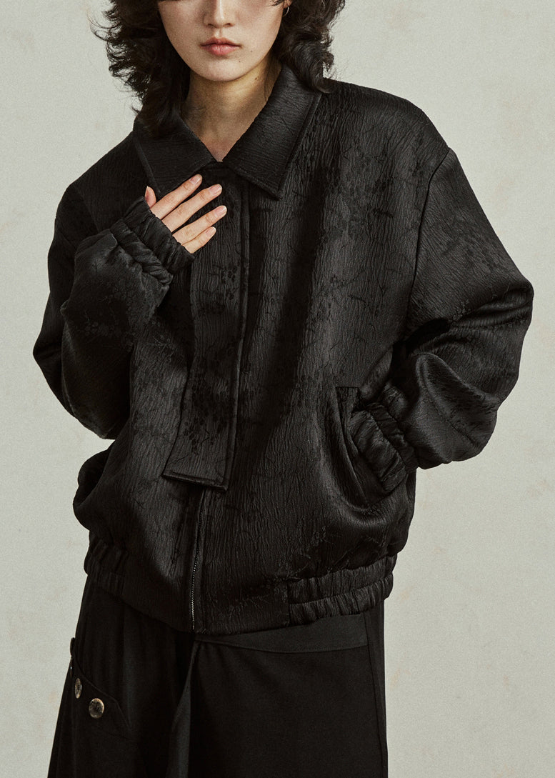 Women's Silk Zipper Coat Peter Pan Collar Black Plus Size - OutfitLondon