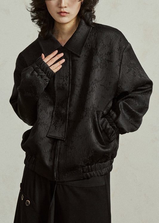 Women's Silk Zipper Coat Peter Pan Collar Black Plus Size - OutfitLondon