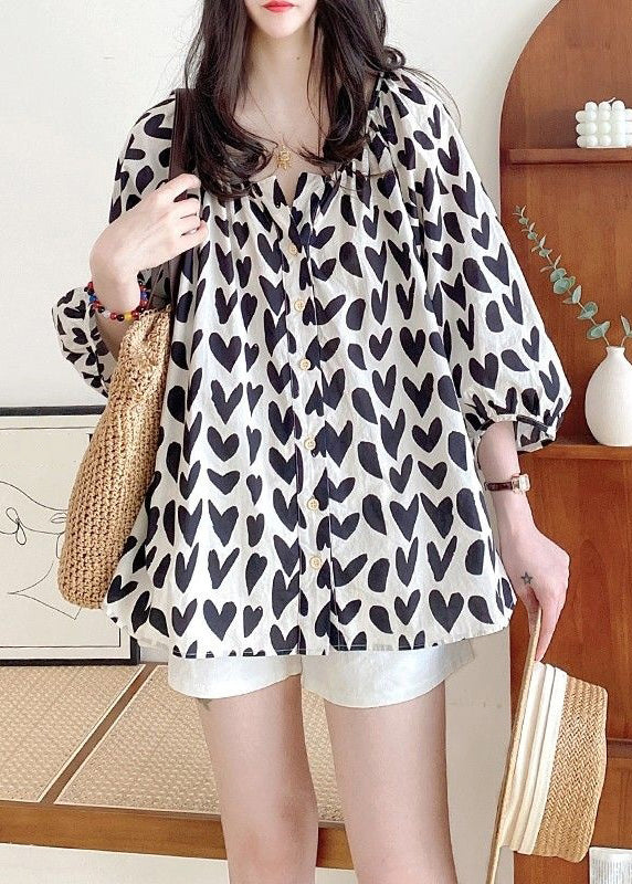 Women's Cotton Shirt Black Print Bracelet Sleeves - OutfitLondon