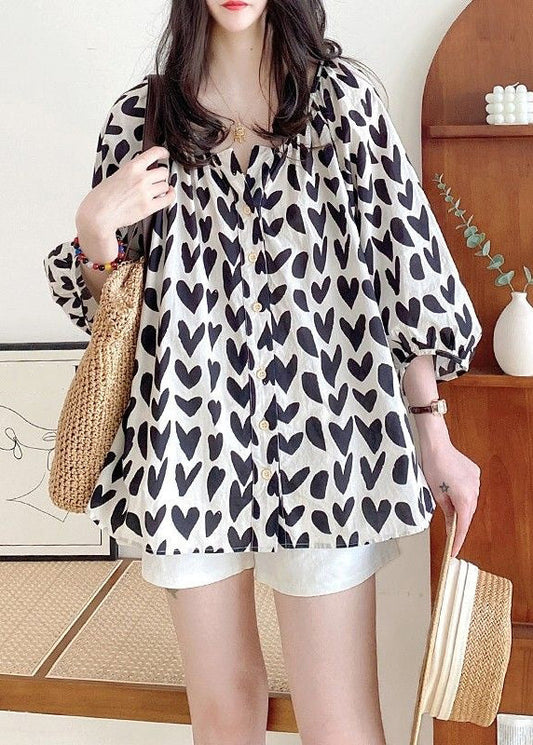 Women's Cotton Shirt Black Print Bracelet Sleeves - OutfitLondon