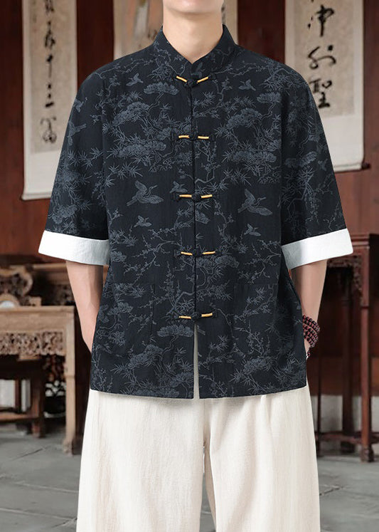 Men's Cotton Shirt Black Loose Fit Stand Collar - OutfitLondon