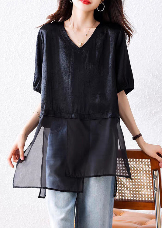 Women's Plus Size V-Neck Blouse Cotton Blend Black - OutfitLondon
