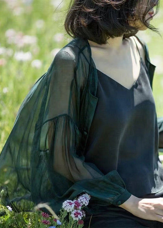 Women's Silk Blouse Loose Fit Dark Green - OutfitLondon