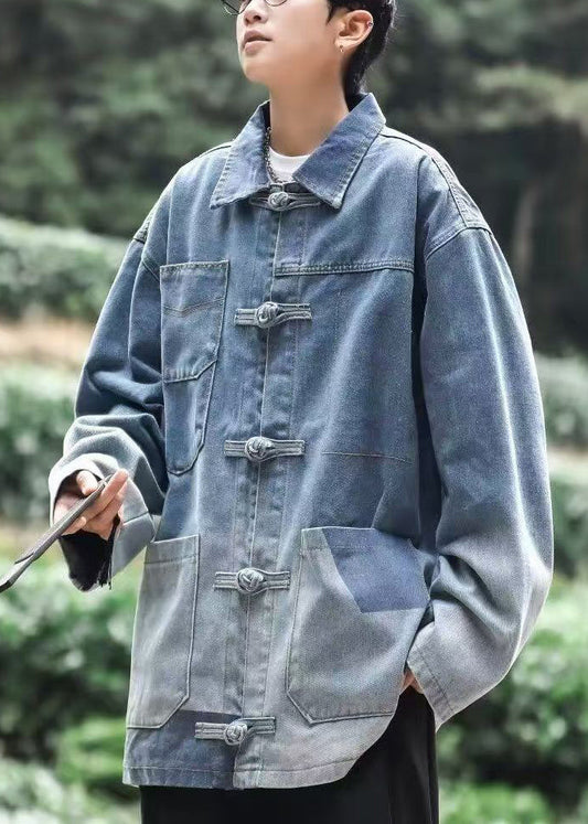 Men's Oversized Blue Denim Coat Toggle Closures Patch Pockets - OutfitLondon