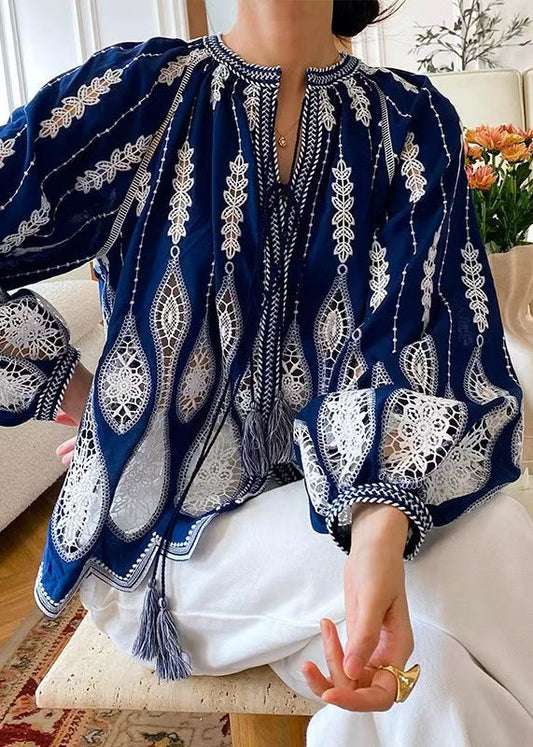 Women's Cotton Blouse Breathable Blue - OutfitLondon