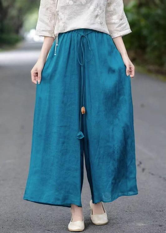 Women's Wide Leg Cotton Pants Elastic Waistband White - OutfitLondon