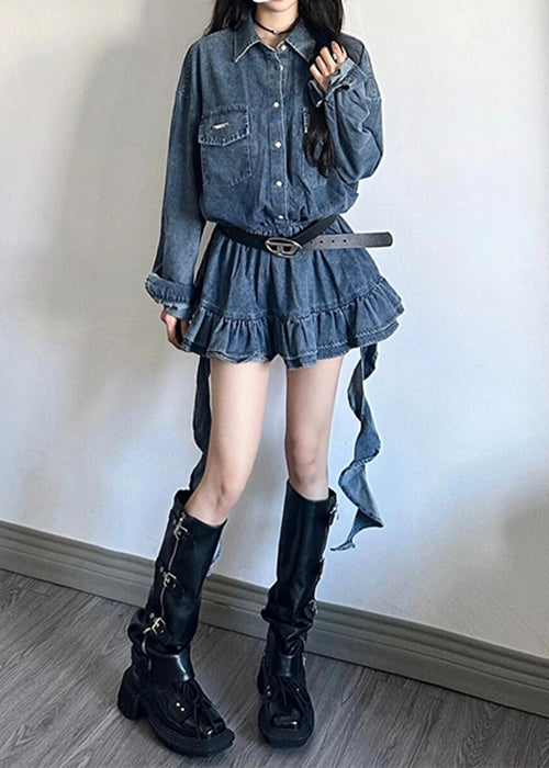 Women's Denim Mini Dress Peter Pan Collar Button Front Loose Fit - OutfitLondon