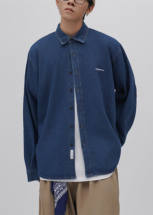 Men's Relaxed Fit Blue Denim Shirt Peter Pan Collar - OutfitLondon