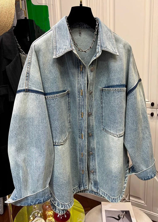 Men's Oversized Denim Jacket Peter Pan Collar Button Pockets - OutfitLondon