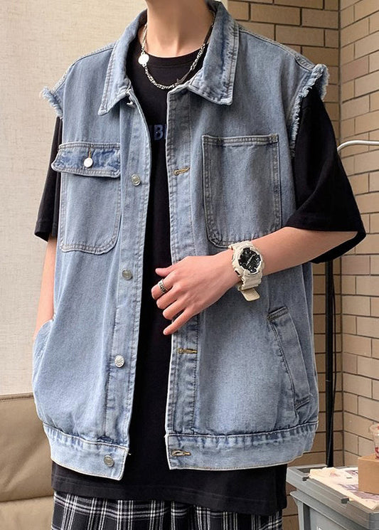 Men's Denim Vest Sleeveless Peter Pan Collar Blue - OutfitLondon