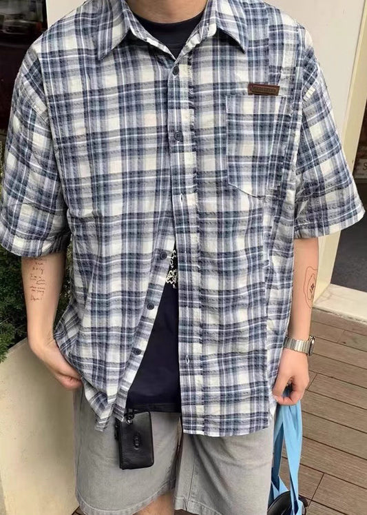 Men's Blue Plaid Cotton Shirt Loose Fit Breathable - OutfitLondon
