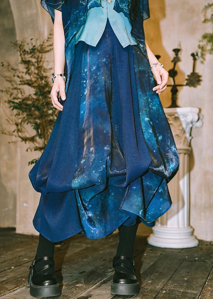 Women's Cotton Patchwork Maxi Skirt Blue High Waist Breathable - OutfitLondon