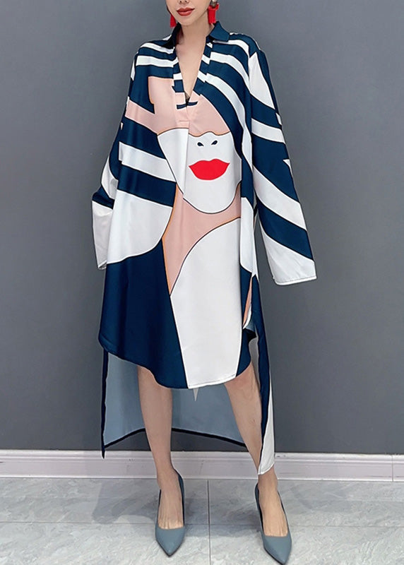 Women's Blue Striped Maxi Dress V Neck Loose Fit - OutfitLondon