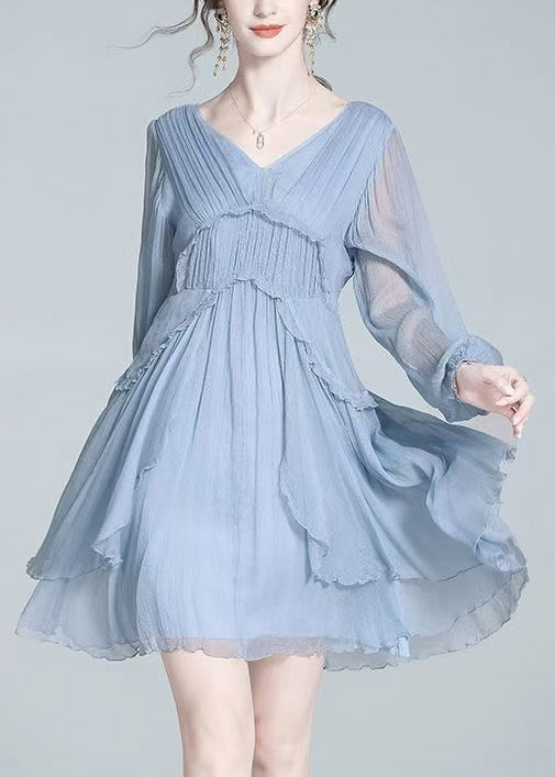 Women's Blue Silk Chiffon Midi Dress V Neck Ruffles - OutfitLondon