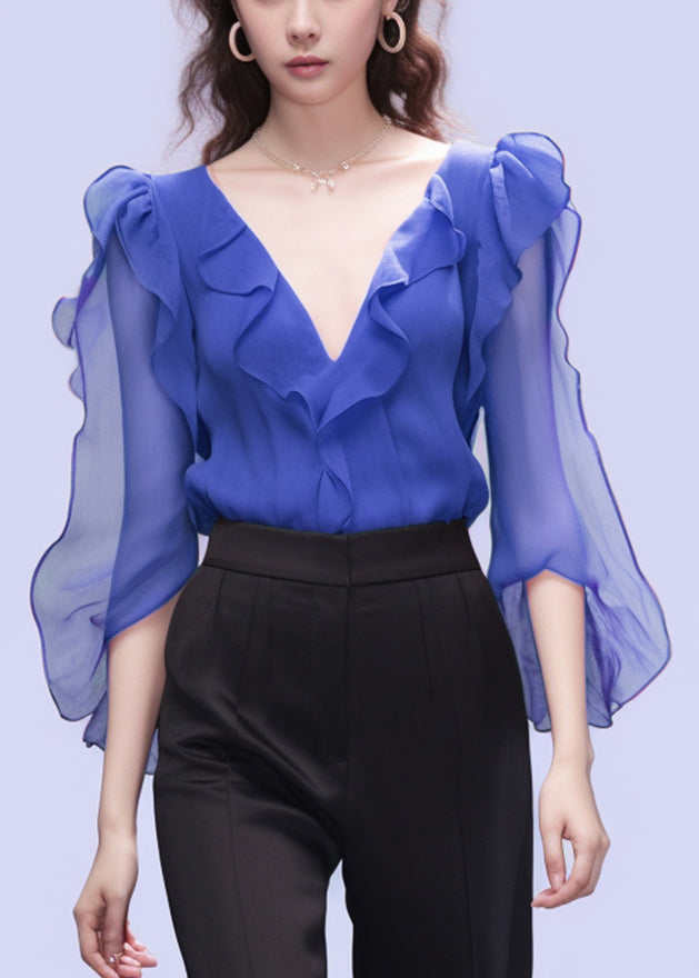 Women's Blue Silk V Neck Blouse Flutter Sleeves - OutfitLondon