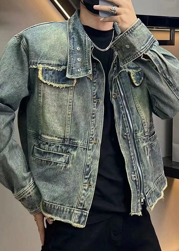 Men's Loose Fit Denim Jacket Blue Zipper Front - OutfitLondon