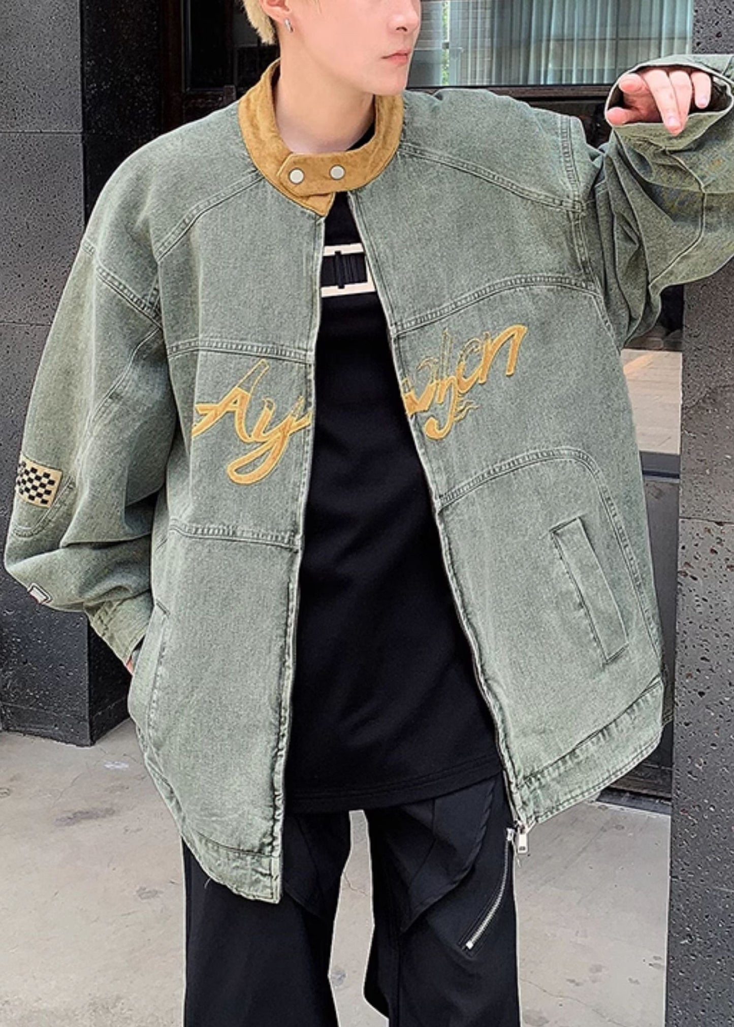 Men's Patchwork Denim Jacket Oversized Blue - OutfitLondon
