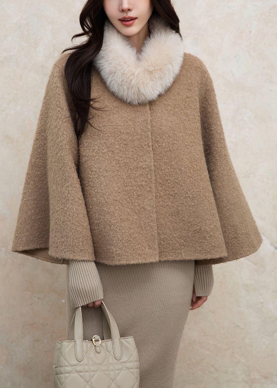 Women's Oversized Wool Coat Brown Fox Fur Collar Button Front - OutfitLondon
