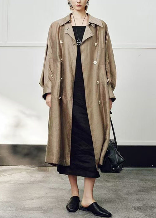 Women's Linen Silk Trench Coat Loose Fit Double Breasted - OutfitLondon