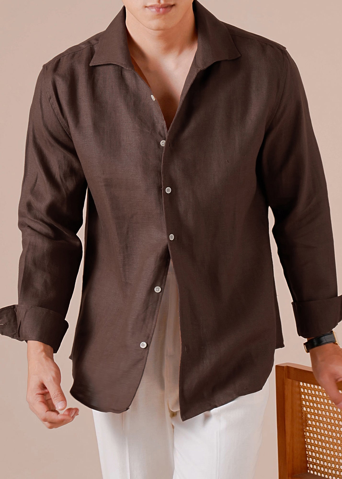 Men's Linen Button Down Shirt Loose Fit Breathable Coffee Brown - OutfitLondon