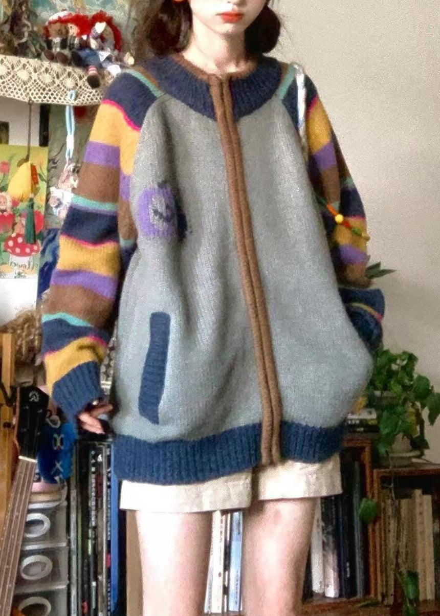 Women's Colorblock Knit Coat Zip Pockets Oversized - OutfitLondon