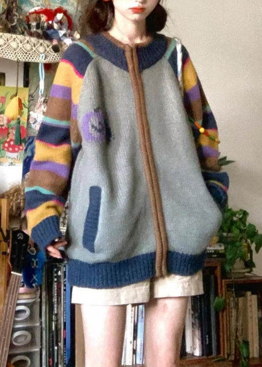 Women's Colorblock Knit Coat Zip Pockets Oversized - OutfitLondon