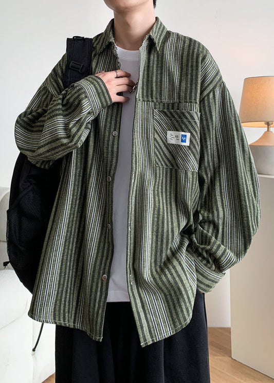 Men's Green Striped Cotton Shirt Long Sleeve Relaxed Fit - OutfitLondon