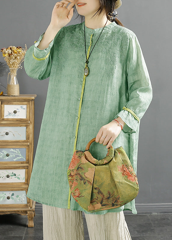 Women's Embroidered Cotton Shirt Green Loose Fit - OutfitLondon