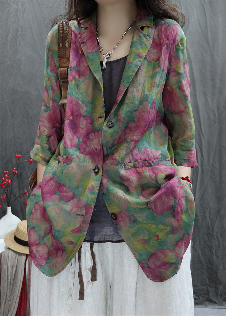 Women's Cotton Blend Coat Green Printed Claudine Collar - OutfitLondon
