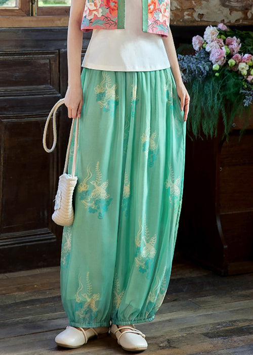 Women's Wide Leg Pants Silk Green Print Elastic Waistband - OutfitLondon