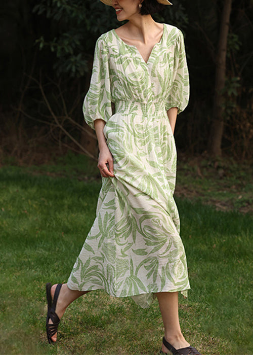 Women's Cotton Maxi Dress Green Botanical Print - OutfitLondon