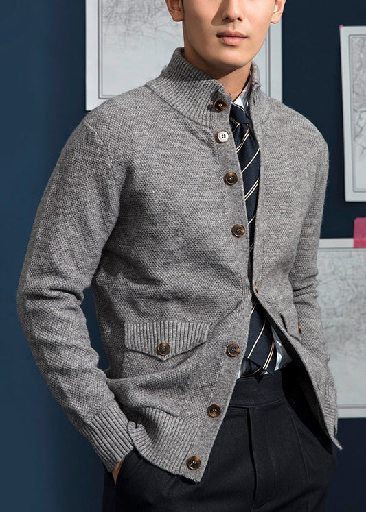 Men's Gray Knit Cardigan Coat With Stand Collar - OutfitLondon