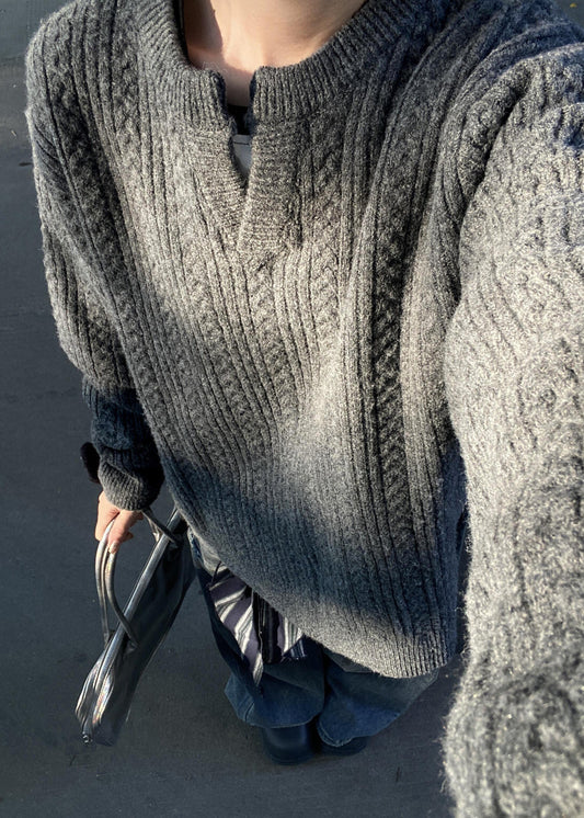 Men's Soft Cotton V Neck Sweater Cable Knit Warm Beige - OutfitLondon
