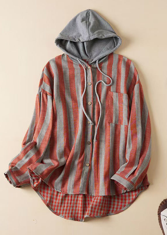 Women's Oversized Hooded Cotton Shirt Striped Patchwork - OutfitLondon