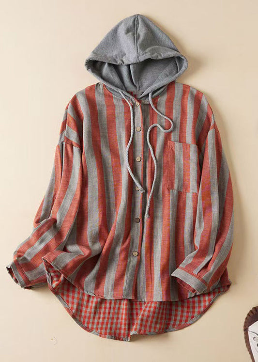 Women's Oversized Hooded Cotton Shirt Striped Patchwork - OutfitLondon