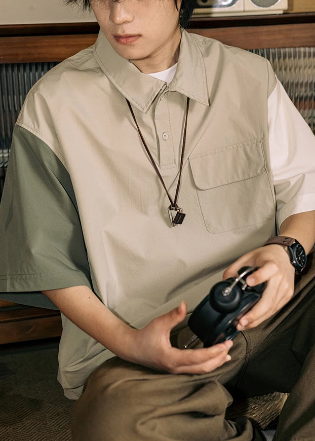 Men's Khaki Cotton Polo Shirt Loose Fit Asymmetrical Buttons - OutfitLondon